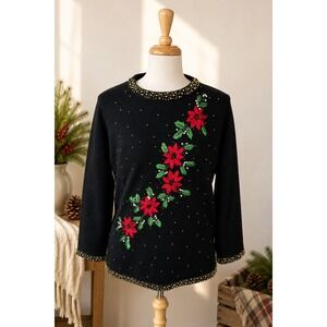 Vintage 90s Poinsettia Christmas Sweater Beaded Embroidered XL Grandmacore